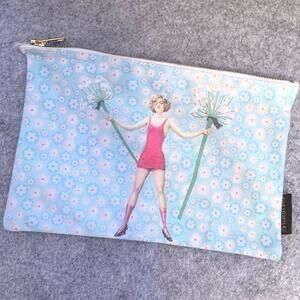 Tokyo Milk Cosmetic Bag, Gold Zippered Pouch, Dandelion Girl, Blue, Flowers